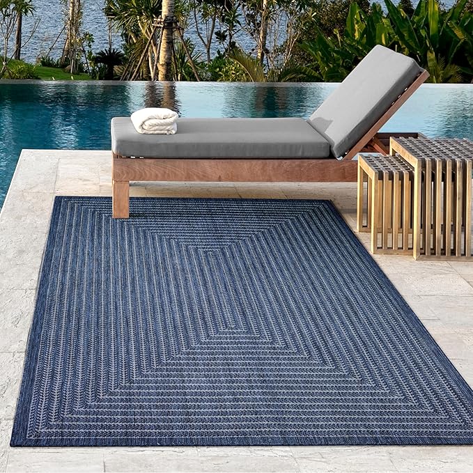 Adiva Rugs Outdoor Indoor Area Rug, Weather Resistant, Easy to Clean, Stain Resistant Floor Mat for Dining Room, Backyard, Deck, Patio (Navy Weiss, 8' x 10')-Ruum Studio Home