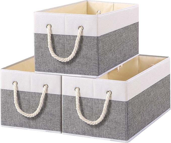 Yawinhe Foldable Storage Baskets for Shelves, Fabric Storage Cubes with Rope Handle, Closet Organizers for Clothes, 3-Pack, 14.96''Lx9.84''Wx8.26''H, White/Grey-Ruum Studio Home