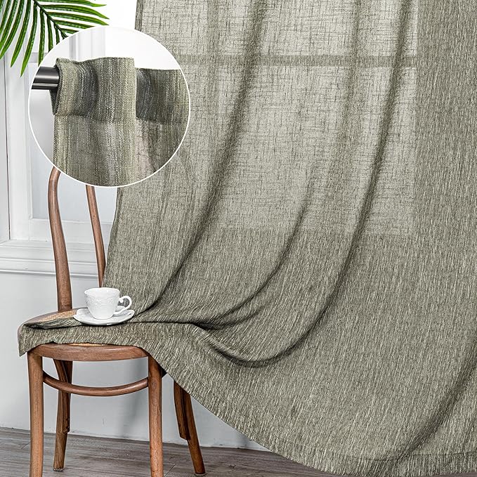MYSKY HOME 90 Inches Long Living Room Curtains Farmhouse Light Filtering Privacy Curtain Drapes for Patio Door, Linen Look Texture Fabric Bohemian Draperies Soft Touch, 50x90, Olive Green, 2 Panels-Ruum Studio Home