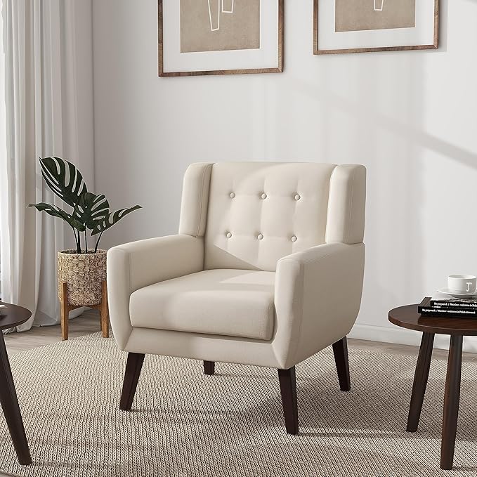 UIXE Accent Chair, Modern Upholstered Armchair in Fabric for Living Room, Comfy Club Arm Chairs Single Sofa Button Tufted Bedroom Reading Seat - White, Set of 1-Ruum Studio Home