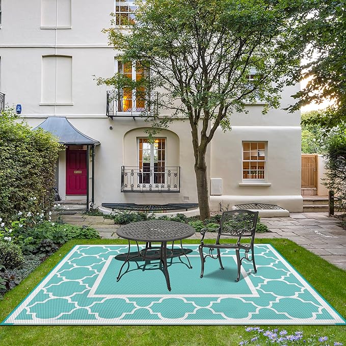 GENIMO 6' x 9' Outdoor Rug Waterproof for Patio Decor, Reversible Plastic Straw Area Mats Carpet for Camper Clearance, Outside Carpet for Rv, Deck, Porch, Beach, Balcony, Aqua Blue & White-Ruum Studio Home