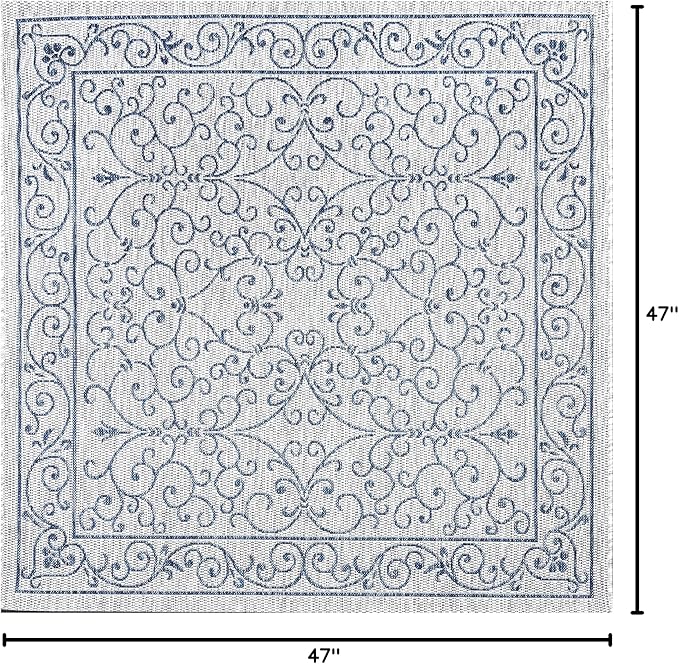 JONATHAN Y Vintage Filigree Indoor Outdoor Square Area Rug 4X4 Gray/Navy, Charleston Textured Weave for Backyard, Patio, Porch, Easy-Cleaning, High Traffic, Pet-Friendly, Non-Shedding (SMB106C-4SQ)-Ruum Studio Home