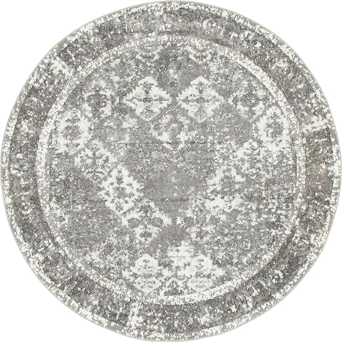 Unique Loom Rosso Collection Vintage, Traditional, Bohemian, Geometric, Distressed, Southwestern Area Rug, 8' 0" x 8' 0", Gray/Ivory-Ruum Studio Home