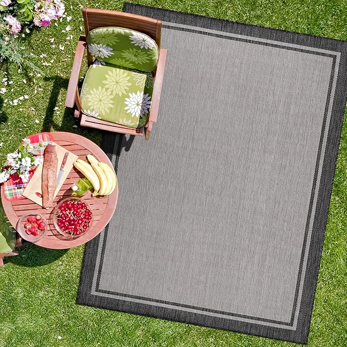 CAMILSON Indoor Outdoor Rug, 10x14 Bordered Gray Modern Area Rugs for Large Indoor and Outdoor Patios, Kitchen and Hallway Mats, Washable Porch Deck Outside Carpet (Bordered Grey, 10 x 14)-Ruum Studio Home