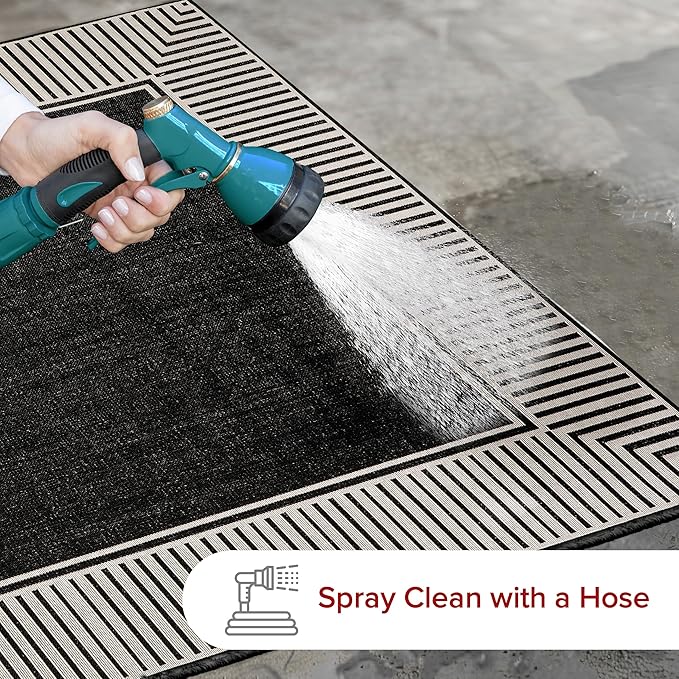 nuLOOM 5' x 8' Outdoor Area Rug, Casual Design With Striped Border, Stain Resistant, Highly Durable, For Patio, Balcony, Bedroom, Living Room, Dining Room, Bathroom, Black-Ruum Studio Home