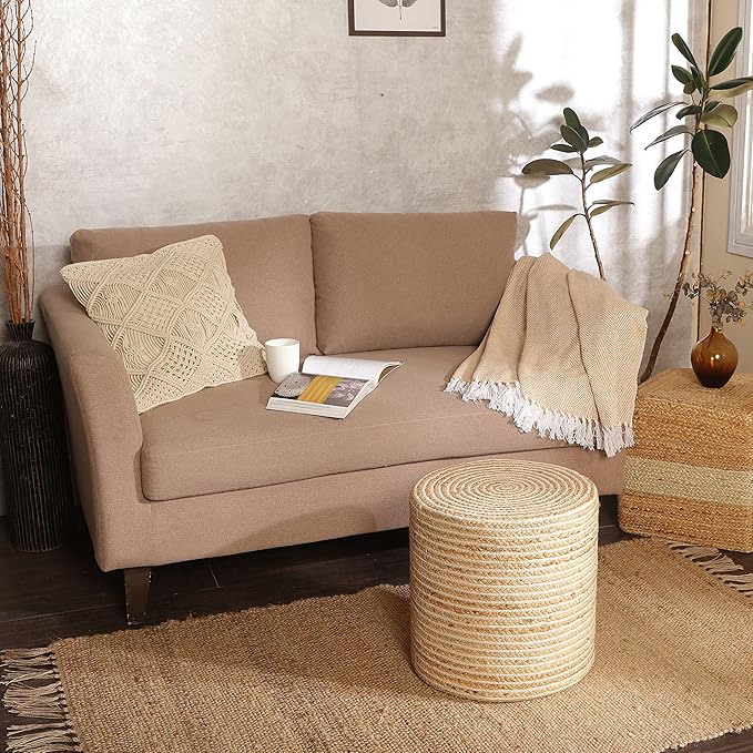 REDEARTH · Cylindrical Pouf Foot Stool Ottoman - Jute Braided Pouffe Poof Sitting Footrest for The Living Room, Bedroom, Nursery, Patio, Lounge & Other Rooms in Home (14.5”x14.5”x16”; Natural Ivory)-Ruum Studio Home