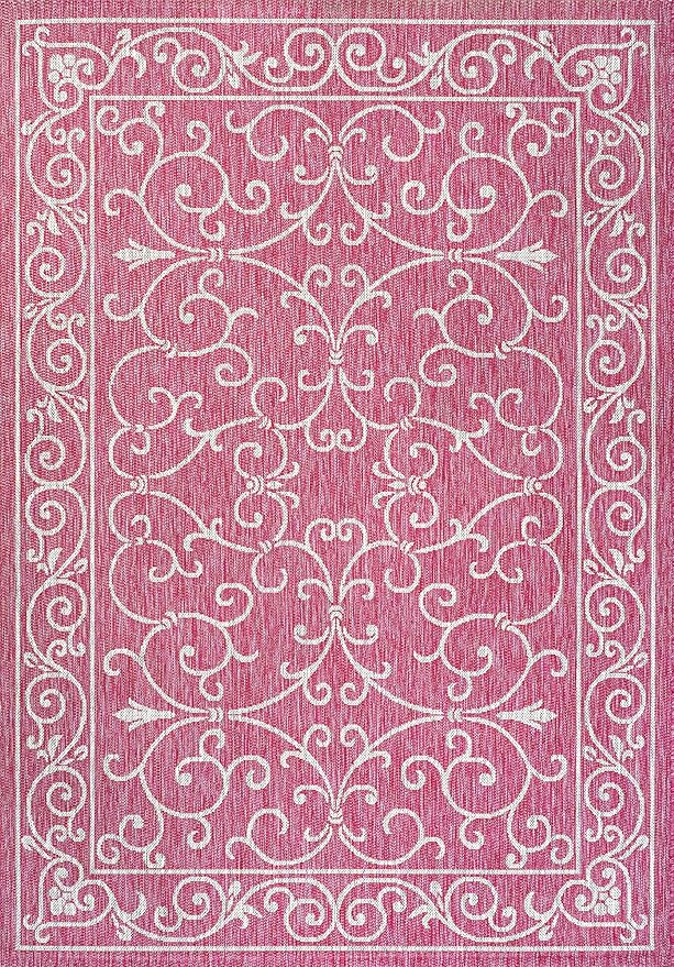 JONATHAN Y Vintage Filigree Indoor Outdoor Area Rug 4X6 Fuchsia/Light Gray, Charleston Textured Weave for Backyard, Patio, Porch, Easy-Cleaning, High Traffic, Pet-Friendly, Non-Shedding (SMB106J-4)-Ruum Studio Home