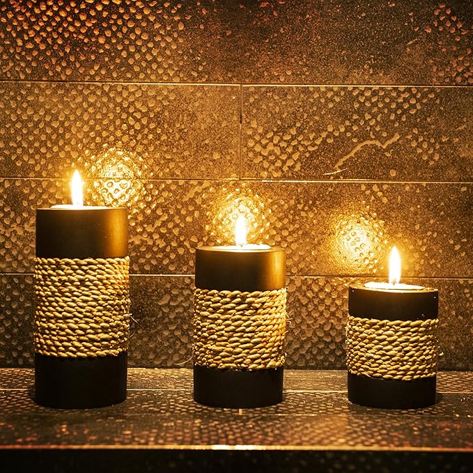 IYARA CRAFT Tealight Candle Holders with Tray – Set of 3 Handmade Wooden Candle Holders with Natural Rope Accent – Rustic Black Decor for Table Centerpiece, Office or Gift-Ruum Studio Home