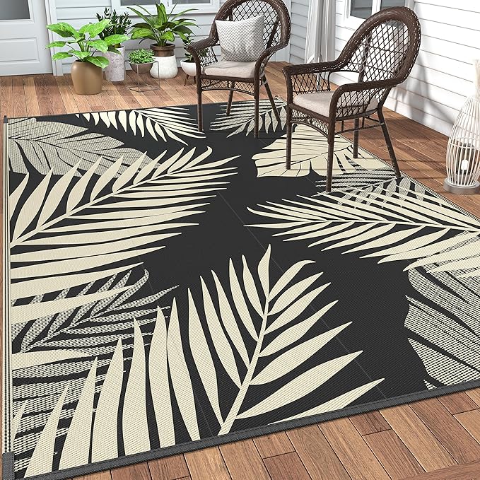 GENIMO Outdoor Rug 5' x 8' Waterproof for Patios Clearance, Reversible Outdoor Plastic Straw Camping Rug Carpet, Large Area Rugs Mats for RV, Picnic, Backyard, Deck, Balcony, Porch, Beach, Black&Beige-Ruum Studio Home