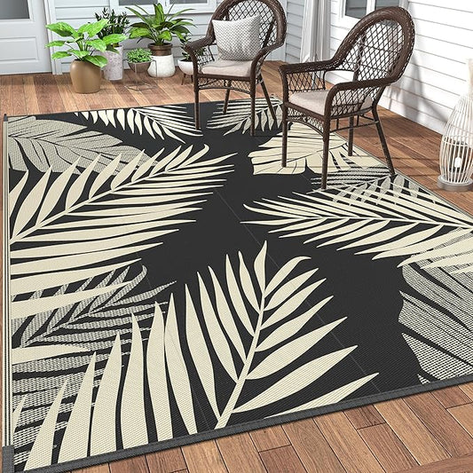 GENIMO Outdoor Rug 5' x 8' Waterproof for Patios Clearance, Reversible Outdoor Plastic Straw Camping Rug Carpet, Large Area Rugs Mats for RV, Picnic, Backyard, Deck, Balcony, Porch, Beach, Black&Beige-Ruum Studio Home