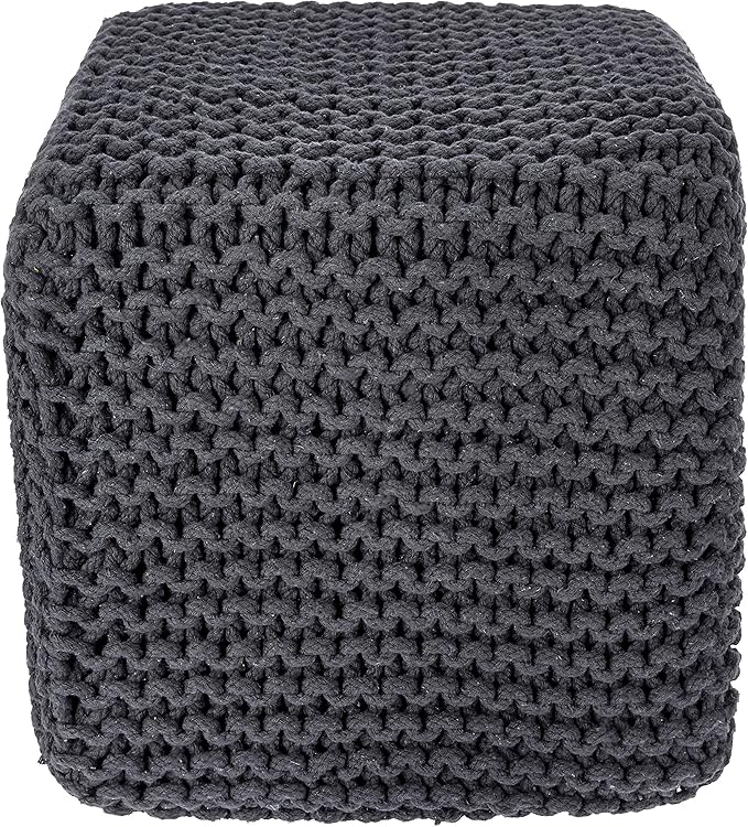 REDEARTH Cube Pouf Foot Stool Ottoman - Hand Knitted Coffee Table - Cotton Cord Boho Pouffe - Home Décor Poof - Stuffed Footrest for Living Room - Bedroom - Patio (16" x 16" x 16") - Dark Gray-Ruum Studio Home