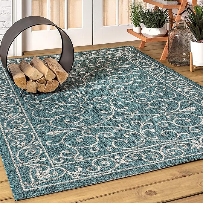 JONATHAN Y Vintage Filigree Indoor Outdoor Area Rug 9X12 Teal/Gray, Charleston Textured Weave for Backyard, Patio, Porch, Easy-Cleaning, High Traffic, Pet-Friendly, Non-Shedding (SMB106F-9)-Ruum Studio Home