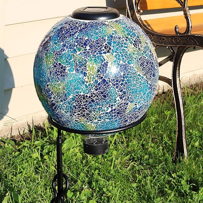 Sunnydaze Azul Terra 10" Crackled Glass Garden Gazing Globe with LED Solar Light - Set of 2-Ruum Studio Home