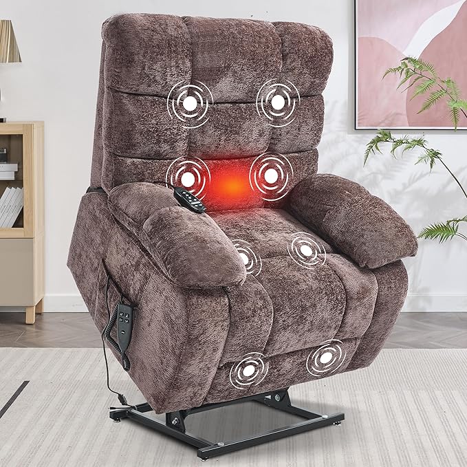 Lay Flat Recliner with Vibration Massage and Lumbar Heating, 26" Wide Recliner with Infinite Position and 2 Remote Controls, Soft Chenille Lift Chair for Living Room, Chocolate-Ruum Studio Home