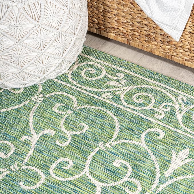 JONATHAN Y Vintage Filigree Indoor Outdoor Round Area Rug 5 Ft Green/Ivory, Charleston Textured Weave for Backyard, Patio, Porch, Easy-Cleaning, High Traffic, Pet-Friendly, Non-Shedding (SMB106K-5R)-Ruum Studio Home
