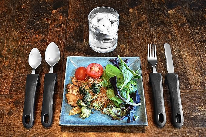 Adaptive Eating Utensils by Celley for Elderly, Handicapped | 4pc Easy Grip Silverware Stainless Steel Knife, Fork, 2 Spoons – (Black)-Ruum Studio Home