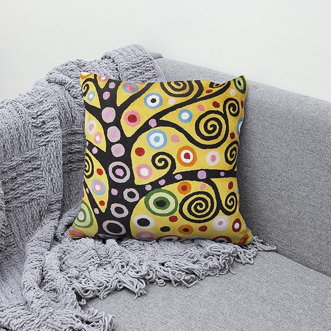 Klimt Yellow Tree of Life Pillow Cover Gold Floral Pillowcase Flower Botanical Gold Accent Suzani Sofa Cushions Kids Room Cushions Hand Embroidered Wool Size - 18x18-Ruum Studio Home
