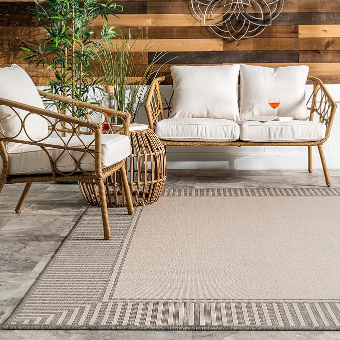 nuLOOM 5' x 8' Outdoor Area Rug, Casual Design With Striped Border, Stain Resistant, Highly Durable, For Patio, Balcony, Bedroom, Living Room, Dining Room, Bathroom, Light Grey-Ruum Studio Home