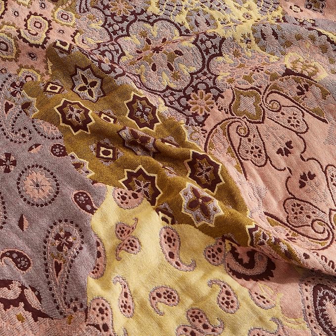 Boho Throw Blanket for Bed 80”x90”, 100% Cotton Woven Blanket for Couch Sofa, Ultra Soft 4-Layer Muslin Quilt with Patchwork Floral Printed, Farmhouse Bed Blanket/Cover for Living Room Decor-Ruum Studio Home