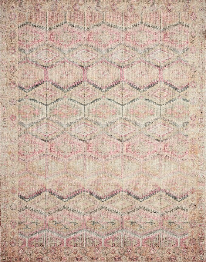 Loloi Layla Collection LAY-17 Pink/Lagoon 7'-6" x 9'-6" .13" Thick Area Rug, Soft, Durable, Vintage Inspired, Distressed, Low Pile, Non-Shedding, Easy Clean, Printed, Living Room Rug-Ruum Studio Home