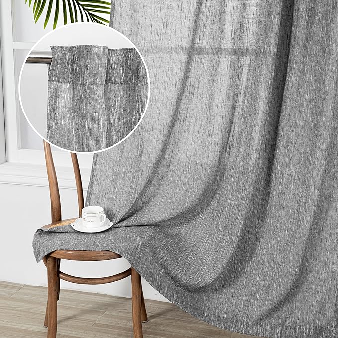 MYSKY HOME Living Room Curtains 2 Panels Boho Semi Sheers Long Drapes Light Filtering for Bedroom Windows, Linen Look Texture Soft Cotton Blend Fabric, 50" Wide x 90" Long, Dark Grey, 2 Panels-Ruum Studio Home