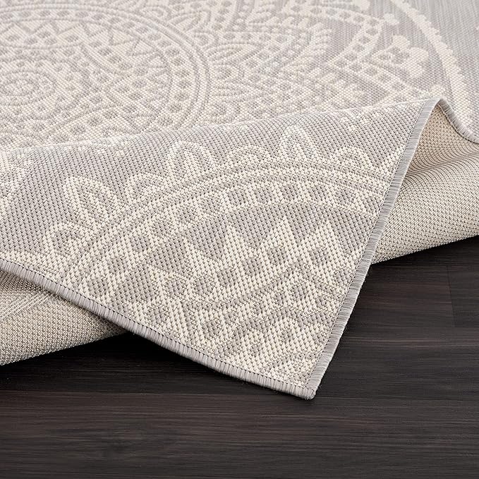 CAMILSON Outdoor Rug 5x7 Modern Area Rugs for Indoor and Outdoor Patios and Porches - Waterproof, Washable, Non-Shedding, Easy-to-Clean Outside Carpet (5 x 7, Medallion - Grey/White)-Ruum Studio Home