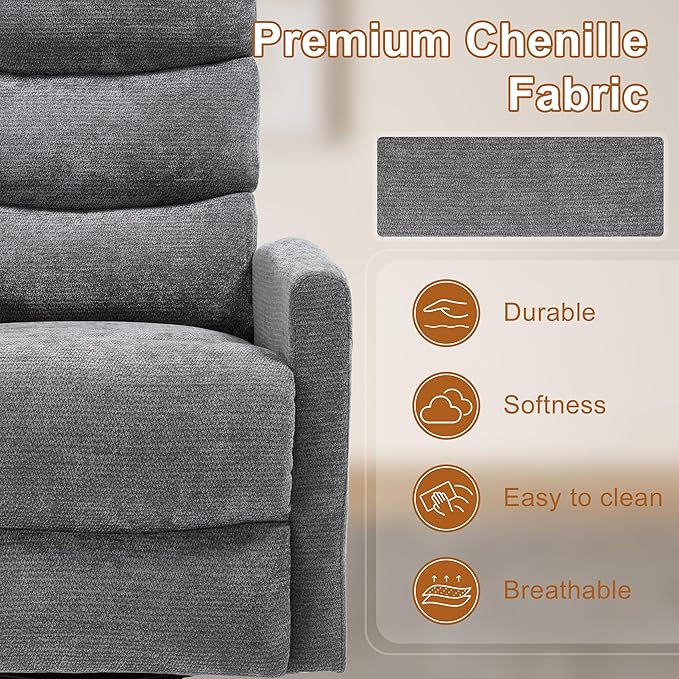 Manual Swivel Rocker Recliner Chair for Adults, Overstuffed Reclining Glider Chair for Nursing with Vibration Massage & Heat, Living Room Rocking Recliner 3-Stage backrest, Chenille Fabric Dark Gray-Ruum Studio Home