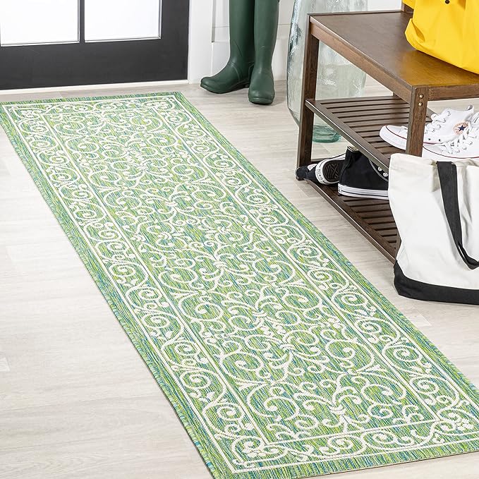 JONATHAN Y Vintage Filigree Indoor Outdoor Runner Rug 2X10 Green/Ivory, Charleston Textured Weave for Backyard, Patio, Porch, Easy-Cleaning, High Traffic, Pet-Friendly, Non-Shedding (SMB106K-210)-Ruum Studio Home