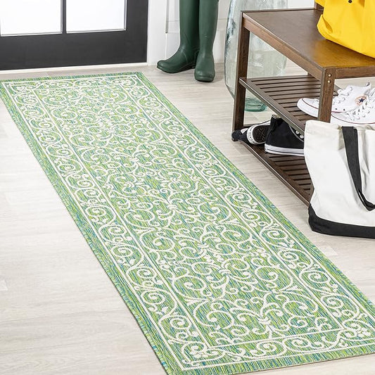 JONATHAN Y Vintage Filigree Indoor Outdoor Runner Rug 2X8 Green/Ivory, Charleston Textured Weave for Backyard, Patio, Porch, Easy-Cleaning, High Traffic, Pet-Friendly, Non-Shedding (SMB106K-28)-Ruum Studio Home
