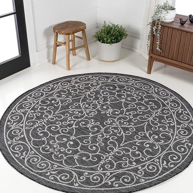 JONATHAN Y Vintage Filigree Indoor Outdoor Round Area Rug 3 Ft Black/Gray, Charleston Textured Weave for Backyard, Patio, Porch, Easy-Cleaning, High Traffic, Pet-Friendly, Non-Shedding (SMB106G-3R)-Ruum Studio Home