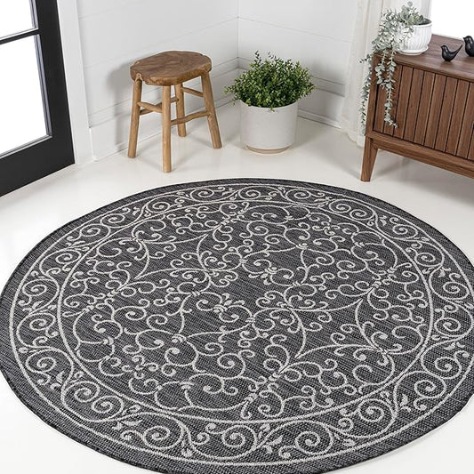 JONATHAN Y Vintage Filigree Indoor Outdoor Round Area Rug 5 Ft Black/Gray, Charleston Textured Weave for Backyard, Patio, Porch, Easy-Cleaning, High Traffic, Pet-Friendly, Non-Shedding (SMB106G-5R)-Ruum Studio Home