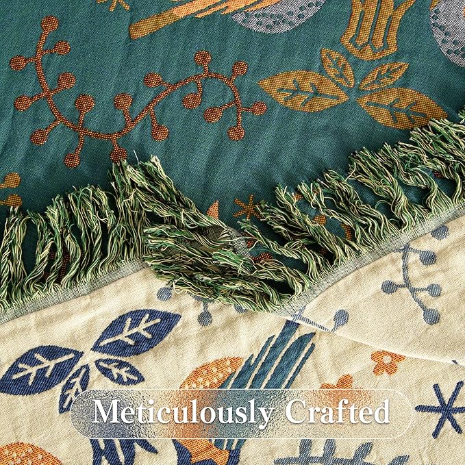 Boho Throw Blanket Queen Size, Oversized Soft Cozy Cotton Muslin Quilt Blanket for Bed Decor, Bird Patterned Couch Sofa Chair Cover, Vintage Farmhouse Cottage Woven Blanket, Green&Beige-Ruum Studio Home