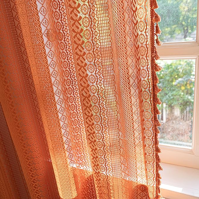 Sutuo Home Terracotta Boho Curtains for Bedroom Living Room, Crochet Lace Sheer Bohemian Style with Tassels,Window Treatment Drapes for Halloween Decor, Rod Pocket 1 Panel 59" W x 108" L, Orange-Ruum Studio Home