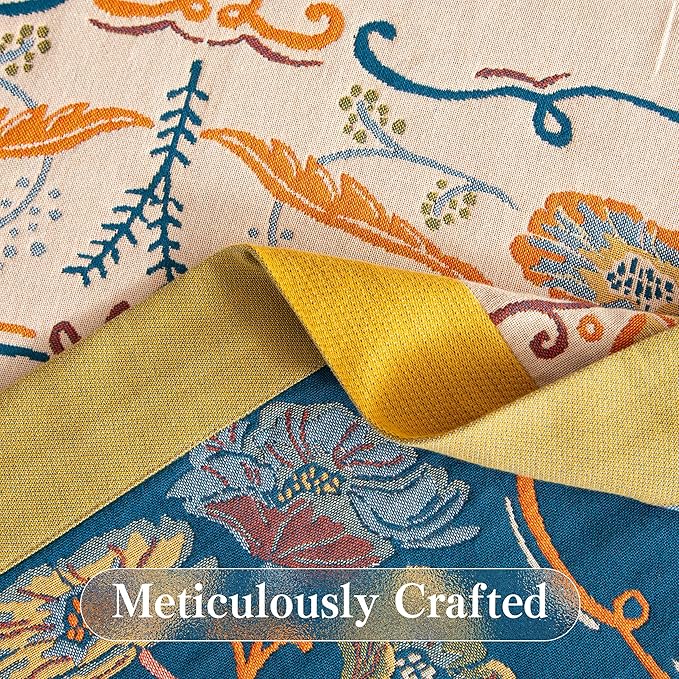 Boho Throw Blanket Twin Size, Soft Cozy Cotton Muslin Quilt Blanket for Bed Decor, Floral Patterned Couch Sofa Chair Cover, Vintage Farmhouse Cottage Tapestry Woven Blanket, Yellow&Blue-Ruum Studio Home