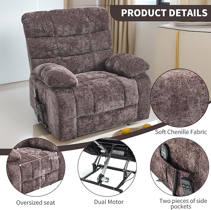 Lay Flat Recliner with Vibration Massage and Lumbar Heating, 26" Wide Recliner with Infinite Position and 2 Remote Controls, Soft Chenille Lift Chair for Living Room, Chocolate-Ruum Studio Home