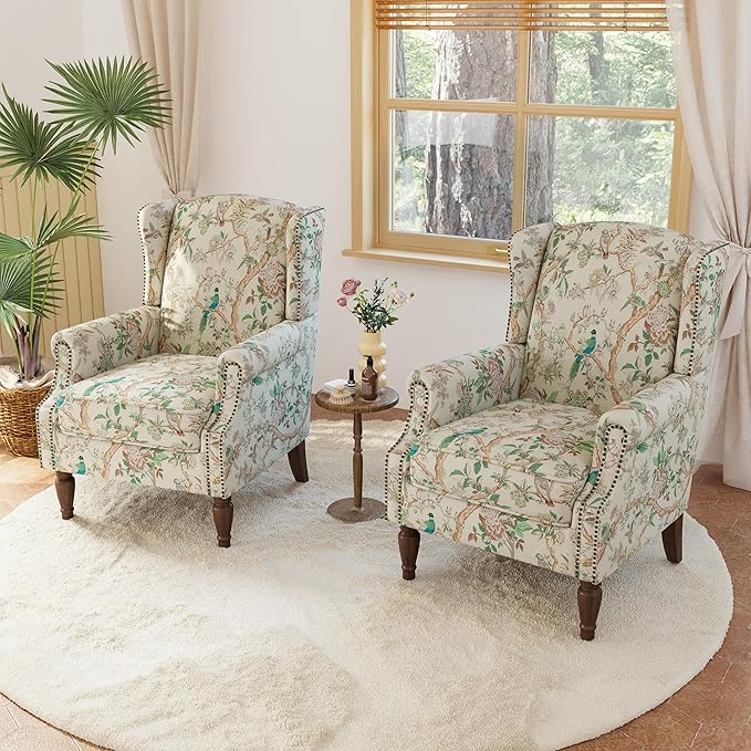 Lumibee Wingback Accent Chair, 2 Set High Back Floral Armchairs in Fabric,Comfy Upholstered Reading Single Sofa Chairs with Solid Wood Legs for Living Room,Bedroom,Office-Bird-Ruum Studio Home