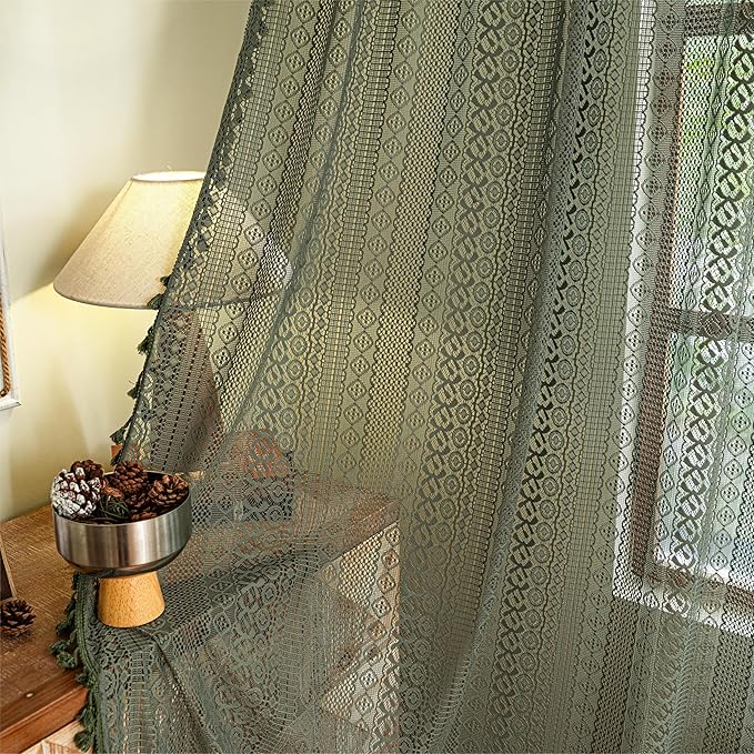 Sutuo Home Olive Green Boho Curtains 108 inches Long, Crochet Lace Sheer Bohemian Hollow Knitted Cute Tassels, Vintage Farmhouse for Bedroom Living Room Nursery Room, 1 Panel 59" W x 108" L-Ruum Studio Home