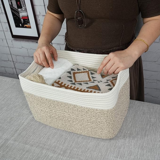 Cotton Rope storage Basket Bins Woven Basket for Organizing Shelves Rectangle Decorative Baskets For storage Clothes Toys Books Towels Square Wicker Nursery basket organizer 3 pack white and brown-Ruum Studio Home