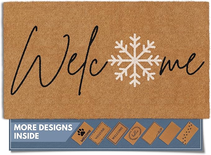 Barnyard Designs Natural Coco Coir Christmas Doormat - Large Cute Non-Slip Heavy Duty Backing Door Mat for Outside Entrance or Porch Entry, Brown (17x30, Winter Snowflake)-Ruum Studio Home