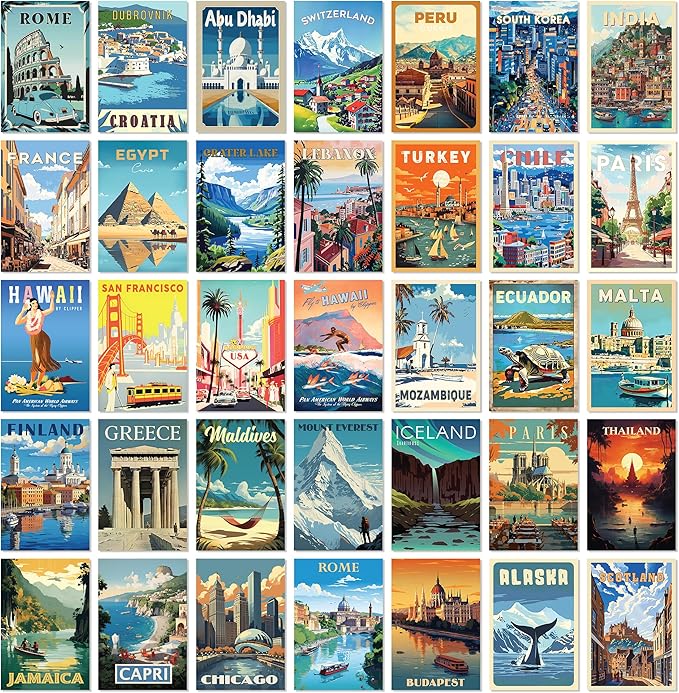 97 Decor Vintage Travel Decor - Travel Posters Wall Art Prints, Vintage Postcards from Around The World, City Landscape Aesthetic Pictures Retro Popular Cities Photo Collage Kit for Teen Bedroom (4x6)-Ruum Studio Home