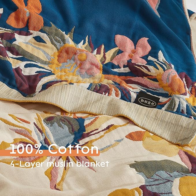 Boho Throw Blanket for Bed 90”x98”, 100% Cotton Woven Blanket for Couch Sofa, Ultra Soft 4-Layer Muslin Quilt with Vintage Floral Printed, Farmhouse Bed Blanket/Cover for Living Room Decor-Ruum Studio Home