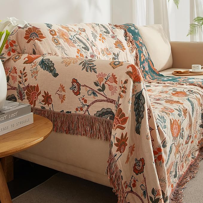 Boho Throw Blanket for Bed 80”x90”, 100% Cotton Woven Blanket for Couch Sofa, Ultra Soft 4-Layer Muslin Quilt with Floral Printed, Farmhouse Bed Blanket/Cover for Living Room Decor-Ruum Studio Home