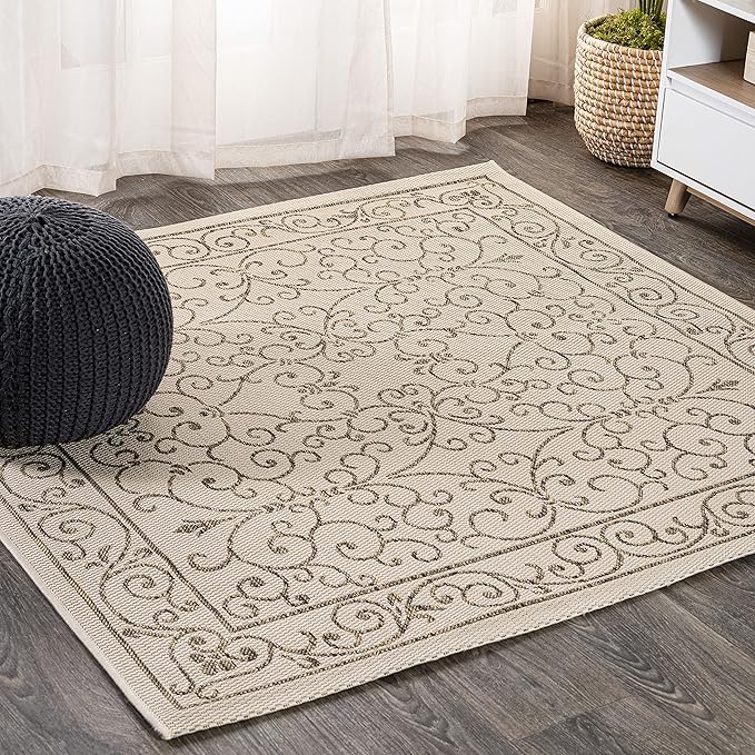 JONATHAN Y Vintage Filigree Indoor Outdoor Square Area Rug 8X8 Beige/Brown, Charleston Textured Weave for Backyard, Patio, Porch, Easy-Cleaning, High Traffic, Pet-Friendly, Non-Shedding (SMB106A-8SQ)-Ruum Studio Home