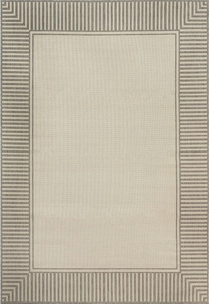nuLOOM 5' x 8' Outdoor Area Rug, Casual Design With Striped Border, Stain Resistant, Highly Durable, For Patio, Balcony, Bedroom, Living Room, Dining Room, Bathroom, Light Grey-Ruum Studio Home