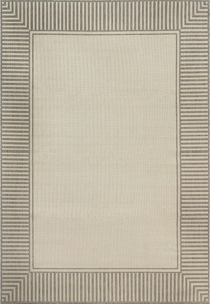 nuLOOM 4' x 6' Outdoor Area Rug, Casual Design with Striped Border, Stain Resistant, Highly Durable, for Patio, Balcony, Bedroom, Living Room, Dining Room, Bathroom, Light Grey-Ruum Studio Home