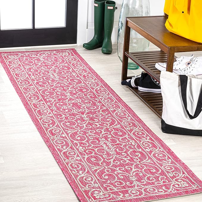 JONATHAN Y Vintage Filigree Indoor Outdoor Runner Rug 2X10 Fuchsia/Light Gray, Charleston Textured Weave for Backyard, Patio, Porch, Easy-Cleaning, Pet-Friendly, Non-Shedding (SMB106J-210)-Ruum Studio Home