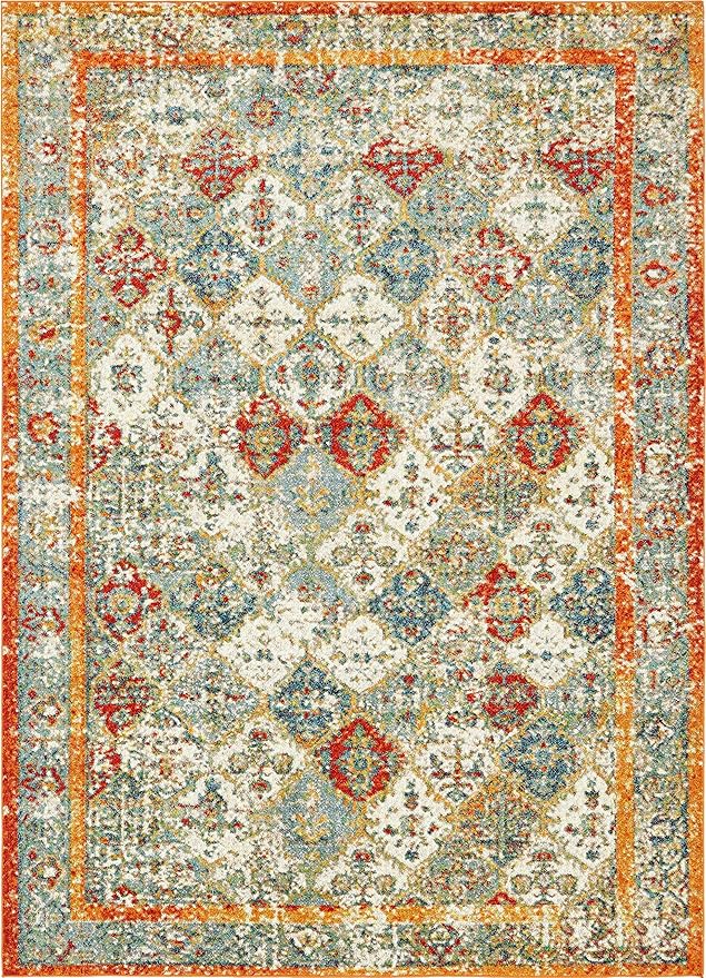 Unique Loom Rosso Collection Vintage, Traditional, Bohemian, Geometric, Distressed, Southwestern Area Rug (9' 0 x 12' 0 Rectangular, Beige/Orange)-Ruum Studio Home