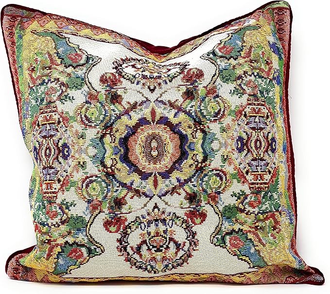 Tache Cushion Cover 18x18 Rococo Elegant Ornate Ivory Colorful Paisley Cotton Linen Tapestry Woven Decorative Throw Pillow Cover, 1 Piece-Ruum Studio Home