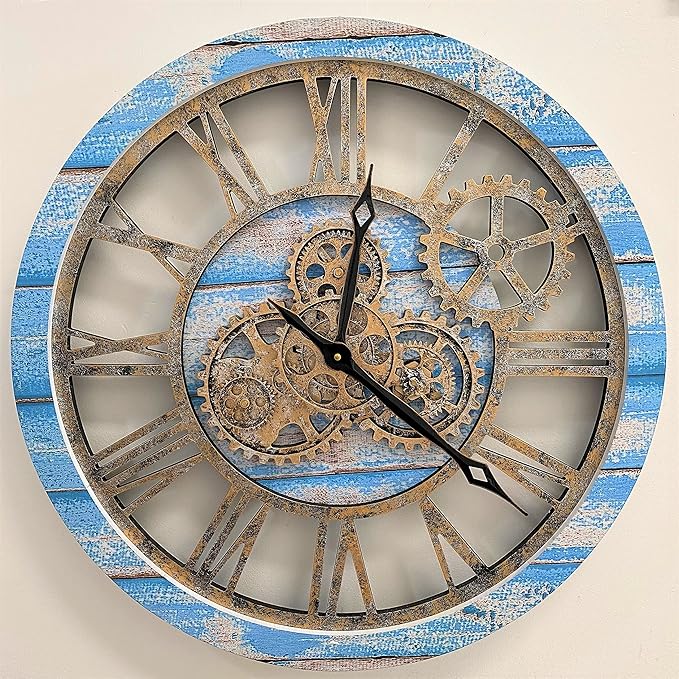 The Gears Clock The Original Real Moving Gear Wall Clock Vintage Industrial Oversized Rustic Farmhouse (24 inch (60cm), Vintage Ocean Blue and Bronze)-Ruum Studio Home