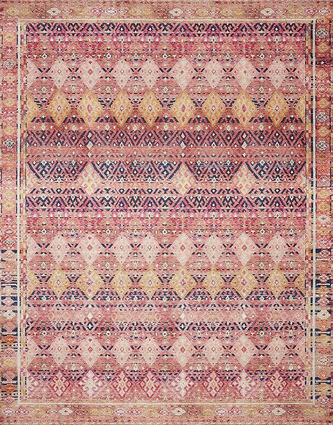 Loloi Layla Collection LAY-15 Magenta/Multi 2'-6" x 9'-6" .13" Thick Runner Rug, Soft, Durable, Vintage Inspired, Distressed, Low Pile, Non-Shedding, Easy Clean, Printed, Living Room Rug-Ruum Studio Home